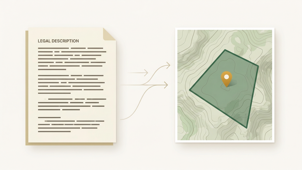 Illustration showing a legal description document being converted into a map polygon with property boundaries